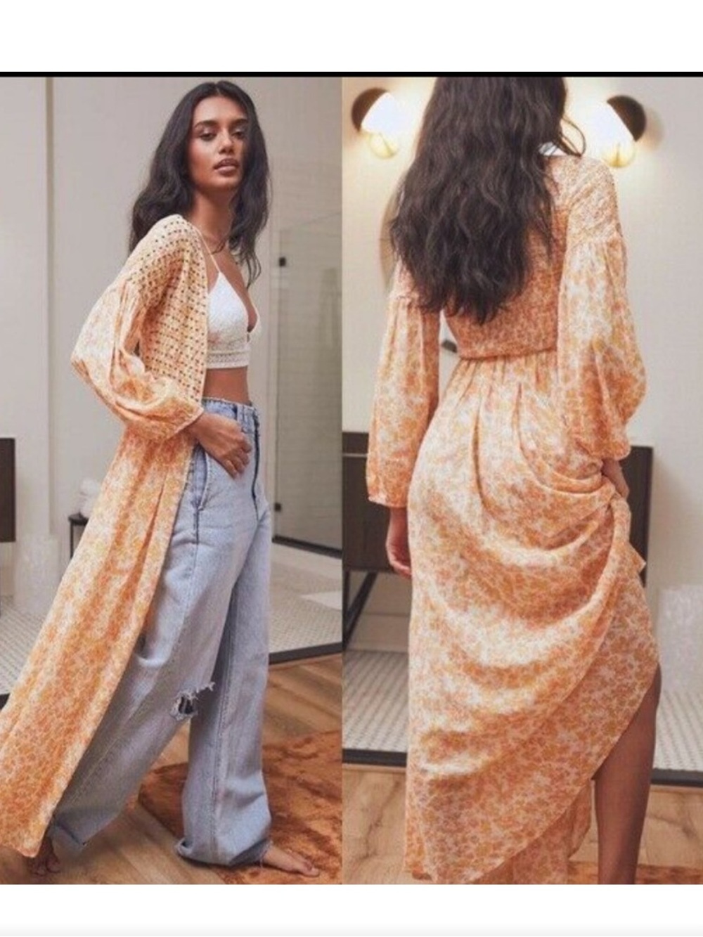 Free People Kadance Maxi Floral Beaded Duster XS TP Orange yellow cream